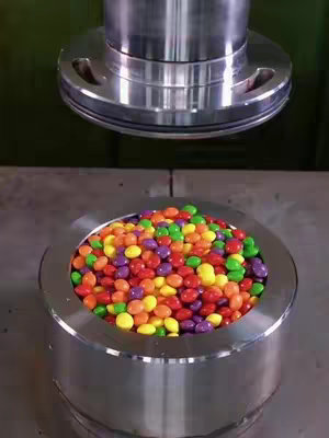 A close-up shot showcases a container filled with a colorful assortment of candies being crushed by a large metal device. The candies are a mix of red, yellow, green, and purple, creating a vibrant display. The metal components provide a sense of industrial design, emphasizing the contrast between hard machinery and the candy. The lighting appears bright, highlighting the textures and colors of the items.