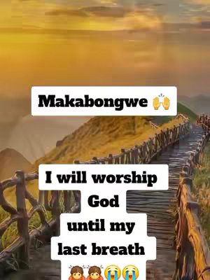 The image shows a scenic view of a wooden bridge extending across a mountainous landscape under a golden sunset or sunrise sky. Text overlays are added to the image.