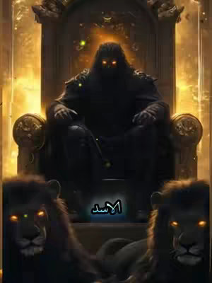The cover image depicts a dark, regal scene with an ominous figure seated on a throne. The figure, silhouetted and cloaked, has glowing orange eyes and sits against a backdrop of burning gold around an arch. In the foreground, two lion figures frame the bottom, both with matching glowing eyes. The overall tone is dramatic and hints at a hidden, possibly darker side of the Leo astrological sign.