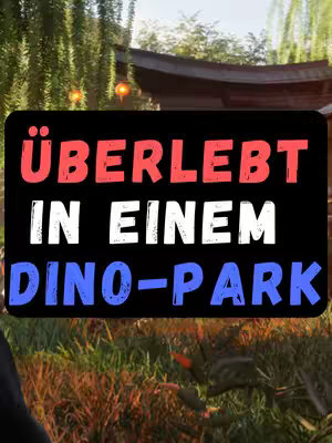 The cover image features a stylized title overlay on a background of a lush, green environment, likely a game scene. The title is set on a black rectangular background, with the words "ÜBERLEBT" (survives) in red, and "IN EINEM DINO-PARK" (in a dino park) in white and blue fonts. The background shows what appears to be a prehistoric or jungle setting with foliage, hinting at dinosaurs and a survival theme. The overall composition is designed to attract attention and convey the video's subject.