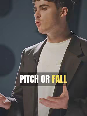 A mid-shot features a man in a dark suit jacket and a white t-shirt. The man is positioned slightly off-center, his expression suggesting he's speaking. Across the bottom, a text overlay reads 'PITCH OR FALL,' with the word 'FALL' in a yellow highlighting.