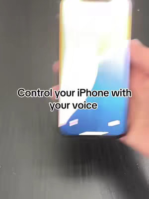An iPhone is held in the hand, with the screen visible. Overlayed text reads, 'Control your iPhone with your voice'. The phone's screen displays a gradient of blues and yellows.