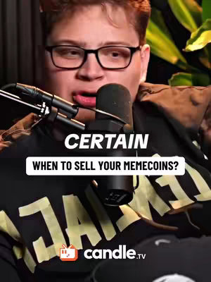 The cover image shows a man in glasses and a black top speaking into a microphone. Text overlays read, 'CERTAIN' and 'WHEN TO SELL YOUR MEMECOINS?' at the bottom, with the cande.tv logo.