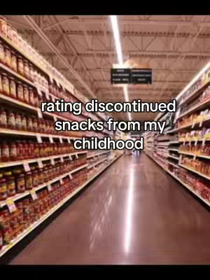 A long hallway in a grocery store aisle, with shelves filled with various items on either side. The perspective is straight down the aisle, leading to a bright light at the end. The text 'rating discontinued snacks from my childhood' is overlaid on the image.