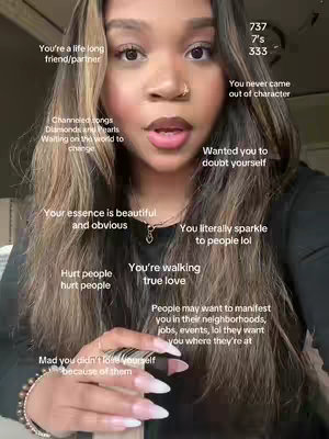 A woman with long brown hair with highlights is in a medium shot. She is looking directly at the camera. Overlayed on the image are many phrases in white text.