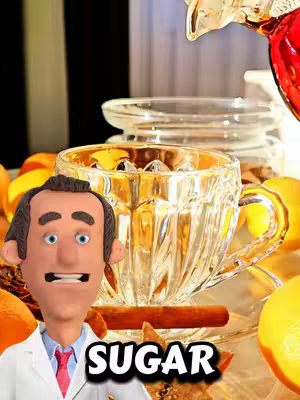 The image features a cartoon doctor figure with a coffee cup and cinnamon sticks, positioned in front of a glass jar and orange slices. The text overlayed on the image reads "SUGAR".