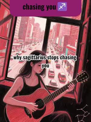 An illustration shows a woman in a tank top playing a guitar while looking down near a window with a city scene outside. The text overlays are in purple and white.