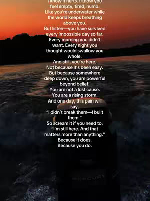 The image shows a dramatic sunset over water. A series of lines of text is vertically overlaid. The bottom part of the image appears to be the back of a boat, and the text is placed over it.