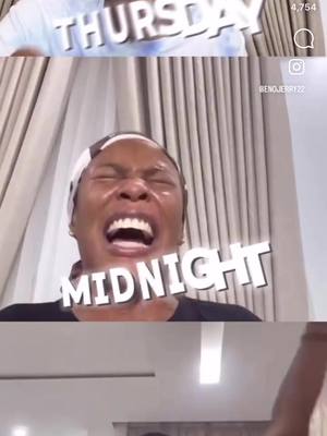 The cover image is a split-screen. The main focus is on a person with a wide, expressive open-mouthed face with sweat. There is text overlayed. In the top section is an image above the main image with the word "THURSDAY" and in the center, overlayed over the image of the face, is the word "MIDNIGHT."