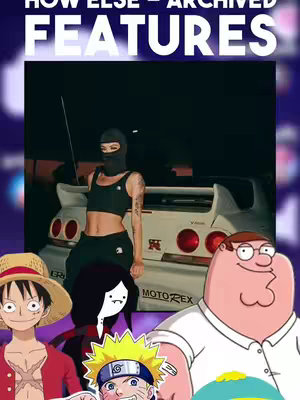 The image features a composite of popular cartoon and anime characters with a person in a balaclava. The background shows a car on a blurry night-time setting. The main subject is a person wearing a black balaclava posing in front of a white car. To the bottom, a compilation of animated characters is displayed. These include Luffy from One Piece, Marceline from Adventure Time, Naruto, and Peter Griffin.