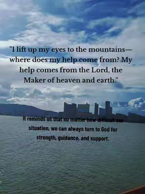 The image shows a scenic view of water, a distant land mass, and a blue sky with clouds. Text overlays the image, presenting a quote about seeking help from the Lord along with a supporting message.