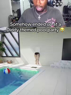 The image is split into two sections. The top half shows a Black man wearing a grey t-shirt, headphones and a headset, looking at the camera with an open mouth and speaking. The bottom half depicts a poolside scene with a person's backside visible against the wall. A beach ball floats in the pool on the left.