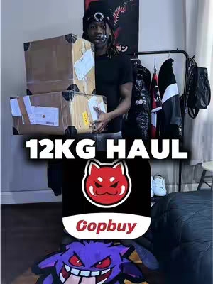 A man stands holding two large cardboard boxes. The boxes are brown with shipping labels. Below, there is a logo saying "Copbuy." Below this is a rug with a purple and red character.