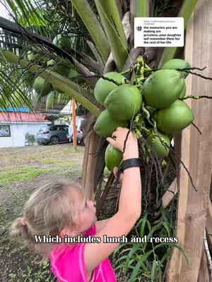 A young girl stands near a coconut tree trying to grab coconuts. The background shows a road, some greenery and part of a building.