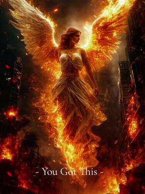 An artistic digital image depicts a fiery angel woman rising from flames. The angel has large, glowing wings, and her dress appears to be made of fire, all set against a backdrop of a burning city.  The image is rendered in a dramatic, surreal style, with a warm color palette.