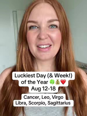 A woman with long red hair and blue eyes smiles at the camera. White text overlays the image against her torso, sharing astrology information.