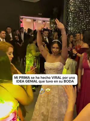 A woman in a white dress with her arms raised celebrating at a wedding. The background is blurred, showing a crowded party scene. Text overlay appears at the bottom with information about the video subject.