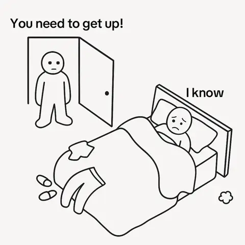 A black and white cartoon depicts a person in bed with a blanket pulled up to their chin. A figure stands by an open door, and text bubbles above them display their dialogue. The bed is unmade, with slippers nearby.