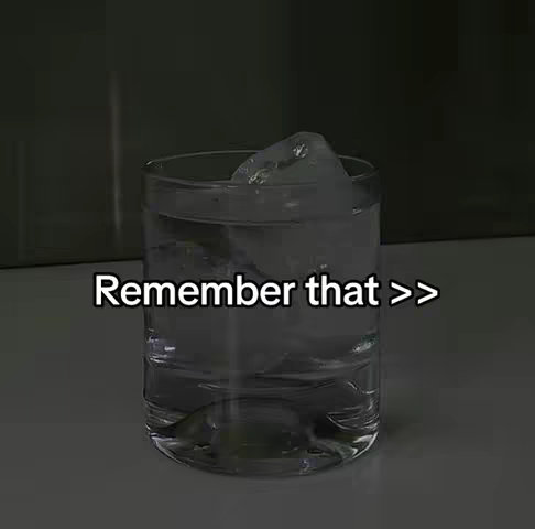 A close-up shot of a clear glass filled with water and several large ice cubes. The glass sits on a white surface, and the background is a blurred, dark gray. Text overlay in white font with a black outline at the bottom.