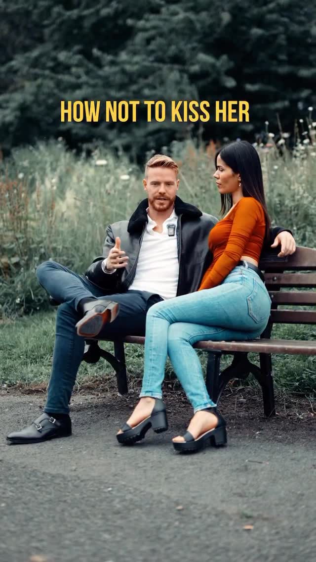 A cover image features a man and a woman sitting on a park bench. The man, with red hair and a black jacket, is gesturing with his hand while looking at the woman. The woman, with black hair and an orange top, is seated next to him, seemingly engaged in the conversation. The background is out-of-focus greenery.