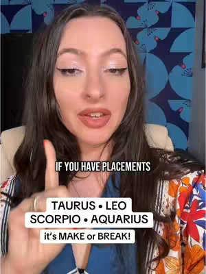 A woman with long dark hair and light makeup is pointing with her index finger in the image. Text overlays indicate her horoscope, and the background has a blue pattern.