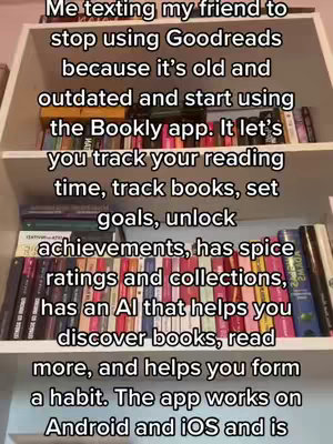 The image shows a shelf filled with books. Text overlays describe the Bookly app, a tool for tracking reading progress, with additional text describing the app's features and promoting its use.