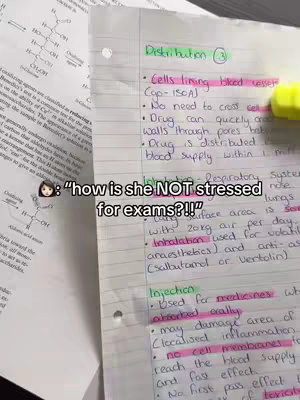 The image shows a close-up view of handwritten notes on binder paper, with highlighted text in pink and yellow. In the top left corner, there is a diagram of a molecule. The text overlay says, "how is she NOT stressed for exams?!!"