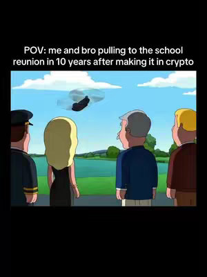 The image shows a scene from the animated show, "Family Guy" with several characters standing outside, looking skyward. The text overlay reads "POV: me and bro pulling to the school reunion in 10 years after making it in crypto."