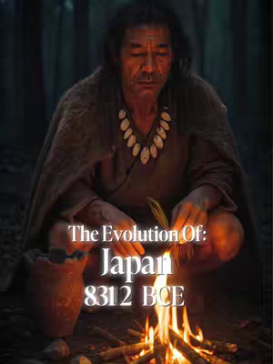 An aged man, possibly a caveman, is kneeling in front of a small fire. He is wearing earthy-toned clothing and a necklace of white stones. The image is lit with warm, orange light from the fire, creating a sense of depth. The text overlay indicates the video is about the evolution of Japan.