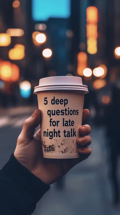 A hand holding a coffee cup with text on it, set against a blurred city background with bokeh lights. The cup is light-colored with a lid, and the text is prominently displayed.