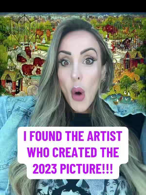A woman with long blonde hair and wide eyes looks surprised, her mouth open in an 'O' shape. She is wearing a denim jacket with a black shirt and a detailed artistic background is behind her. There is a white rectangular text overlay at the bottom of the image, reading, 'I FOUND THE ARTIST WHO CREATED THE 2023 PICTURE!!!'.