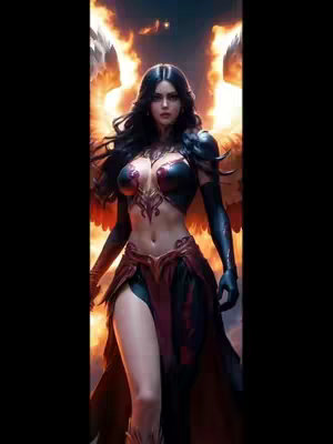 An AI-generated image features a woman with long black hair dressed in a revealing dark, futuristic outfit. She is standing in front of a flaming, angel-wing-like background. The composition has a dark, dramatic aesthetic.