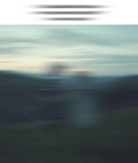 The image showcases a blurred landscape with a mostly blurred background, likely a serene natural setting. The color palette consists of muted greens and blues, suggesting a tranquil mood. The composition has a blurred text overlay in the top part.