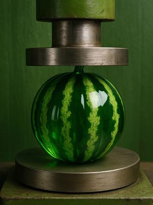 A stylized image shows a glass watermelon centered between the flat circular platforms of a hydraulic press. The watermelon is a translucent green with darker green stripes, mimicking the appearance of a real watermelon. The press and platforms are metallic, and the background is a muted green, creating a cohesive color palette.