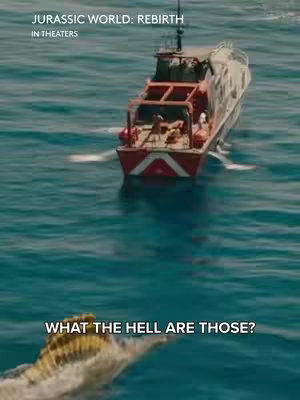 Panoramic image of a boat with a red and white design, against the blue ocean. Text at the top indicates a movie and another line of text in the image bottom.