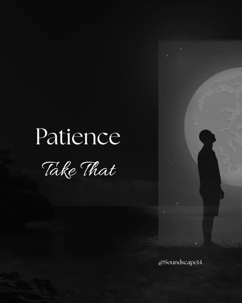 A grayscale image featuring the song title "Patience" and the artist name "Take That" in a stylized font. A silhouetted figure stands in the lower right, gazing upwards towards a bright moon. The background suggests a night scene with an ocean or lake. The composition is divided with the right side showing the moon and figure against a starry background.