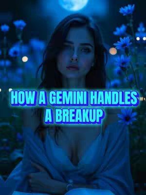 A medium shot shows a woman with dark hair, looking downcast. Text at the bottom declares "HOW A GEMINI HANDLES A BREAKUP". The background is a blurred, deep blue with soft, twinkling lights akin to stars, and some blue flowers giving a whimsical feel, with a moon in the sky.