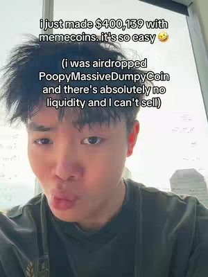 A young man with dark hair and an olive complexion is taking a selfie against a blurred background. He is wearing a green t-shirt.Text overlay is in the image, describing his memecoin investment success (and failure).