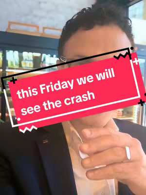 A person in a suit is posing for a selfie with text overlay on screen with text that says "this Friday we will see the crash".