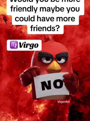 The image features a red bird, a character from the Angry Birds franchise. The bird is holding a white sign that reads 'NO' in black text. Above the bird, text overlays ask if the bird would be more friendly to have more friends. A 'Virgo' label with the Virgo symbol floats in the upper left corner, and the background depicts a fiery, hellish scene. The video is a meme or a joke in reference to the Virgo Zodiac sign.