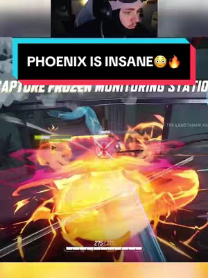 The cover image shows a video game scene with a character releasing a fiery ability. A person is visible in the top part of the image.  The text overlay reads 'Phoenix is insane' in a black rectangle.