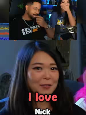 The cover image is a vertical video split into three sections. The top left shows a man with dark hair wearing a black T-shirt, talking. The top right shows a woman with long dark hair covering her mouth. The bottom section shows a woman with long dark hair smiling at the camera with red text that says "I love Nick".