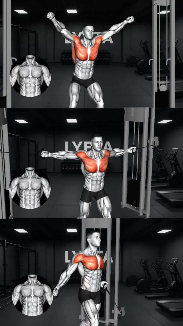 The cover image is a vertical composition displaying three separate images, each containing a stylized illustration of a man performing a cable fly exercise in a gym setting. The man is depicted in a dynamic pose, with his arms extended to the sides, emphasizing the chest muscles. Each image represents a different variation of the exercise, as indicated by the varying cable positions and arm placements. The background is a minimalist gym environment with exercise machines, creating a focus on the figure and exercise in the foreground.