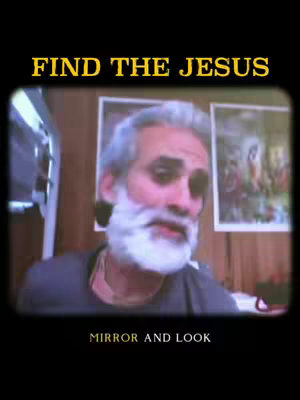 The cover image features a man with a white beard and gray hair, framed against a background of posters and warm-toned walls. The text overlays are in yellow and white.