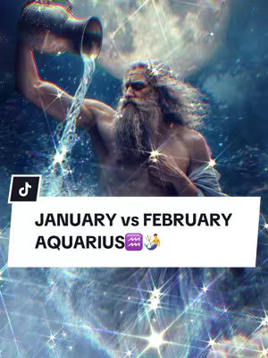 A fantasy image of a bearded man, seemingly a Greek god, pouring water from a metallic jug. The background features a cosmic scene with stardust and a bright moon. Text overlay says 'JANUARY vs FEBRUARY AQUARIUS'.