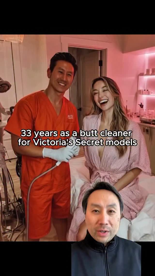 The cover image features three individuals in a brightly lit, clean room. The central figure, a man in an orange medical uniform with gloves, stands next to a woman in a pink robe. Both are smiling and appear to be laughing. Below them, a close-up of another smiling man is overlaid. Text overlayed on the image says, '33 years as a butt cleaner for Victoria's Secret models.'