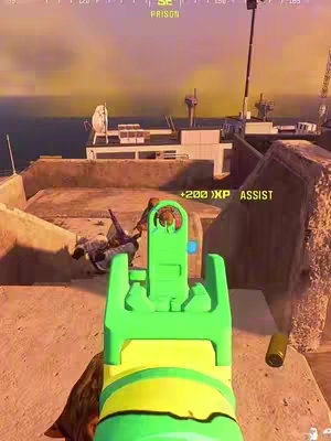 The cover image is a first-person view from a video game, likely Call of Duty: Warzone. The player is aiming down the sights of a bright green and yellow gun, with the game's interface elements present, including a crosshair and ammo counter. In the background, a rooftop scene with other buildings is visible. The overall composition is focused on the gameplay experience.