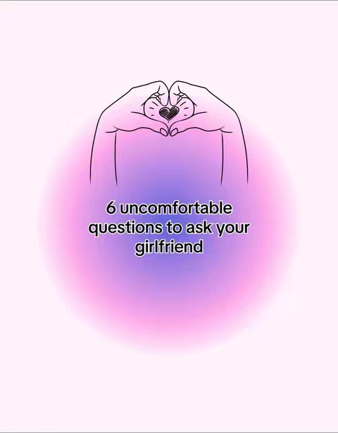 The image has a light pink background. Centered on the image is a gradient circle with pink and purple hues. Overlayed on the circle is a pair of hands forming a heart shape. Within the heart are black lines and a heart outline. Below the heart is the text, '6 uncomfortable questions to ask your girlfriend' in black.