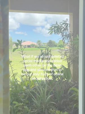 The cover image shows an outdoor scene viewed through a window. The foreground has lush green plants with varying textures. Beyond the plants, a lawn stretches towards a building with a red roof. The sky is partially visible with some clouds. Text is overlaid on the image, suggesting a message about social media.