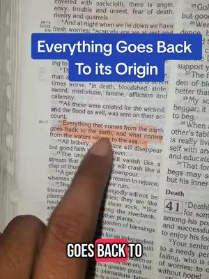 The cover image shows a photo of a page in a Bible, with text overlays. A finger points to highlighted text in the Bible. The top text overlay says "Everything Goes Back To its Origin," in a blue rectangular box.